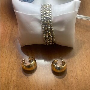 Gold Beaded Bracelet and Hoop Earrings Set